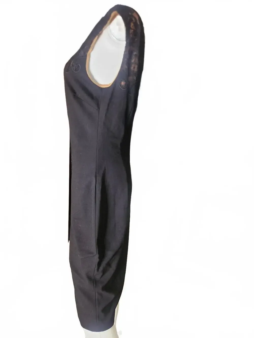 Cache Black Sheath Dress Sz 12 Lace Yoke Capped Sleeves Zip Up Lined